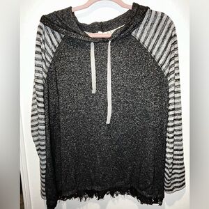 Maurices Black Heather Crewneck Sweater with Gray Striped Sleeves